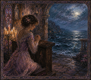 Kung Fu Hand Painting - A woman in a flowing violet dress kneels at a carved church bench, surrounded by glowing candles and stained glass. Beyond the chapel, a restless moonlit ocean appears through the darkness. A small bottle carrying a hidden note drifts offshore, quietly introducing hope, distance, and unanswered prayer.