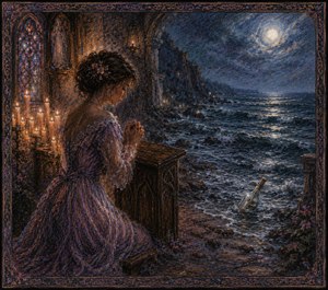 Kung Fu Hand Painting - The chapel begins dissolving into the rocky coastline as candlelight mixes with cold moonlight. The praying woman remains beside the wooden bench while waves enter the sacred space. A glass bottle with a message rises clearly from the surf, becoming a symbol of loneliness, faith, and distant connection.