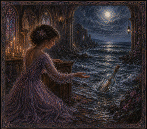 Kung Fu Hand Painting - Church and ocean become one dreamlike world beneath the moon. The woman turns from prayer and reaches toward a large bottle rolling through the waves. Candles, stained glass, flowers, and ruined stone blend into the sea, capturing the moment when private longing becomes a message sent toward an unknown heart.