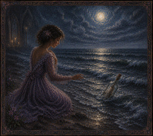 Kung Fu Hand Painting - The chapel fades into a shadow behind the woman as she kneels alone beside the moonlit surf. Her hand reaches toward the floating bottle while silver waves carry it farther away. Deep blues, purple flowers, and fading candlelight express solitude, hesitation, and the fragile hope that someone may answer.