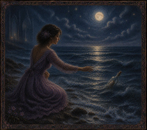 Kung Fu Hand Painting - Under a luminous moon, the woman reaches across the dark ocean toward a bottle drifting beyond her grasp. Only faint traces of the chapel remain in the distance. The wide sea becomes a symbol of isolation and possibility, carrying her unspoken message toward strangers who may be waiting somewhere beyond the horizon.