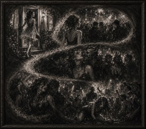 Kung Fu Hand Painting - A young woman leaves home in hopeful elegance, following an S-shaped journey into a shadowy party world. Feathered charcoal scenes reveal crowded dancing, masked temptation, dangerous attraction, and increasingly feral behavior. Murky transitions merge innocence with primal nightlife, ending in chaotic surrender beneath smoke, city lights, and an ornate dark frame.