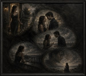 Kung Fu Hand Painting - A rain-dampened woman leaves home with hopeful anticipation, meets a gentleman beneath glowing streetlights, then confronts him as affection turns to conflict. The charcoal S-curve continues through solitary reflection beside dark water, ending with ghostlike memories above a lonely shoreline. Feathered bubbles, murky transitions, and a heavy frame deepen the regret.