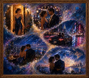 Kung Fu Hand Painting - A radiant woman leaves home in a shimmering blue dress, meeting her gentleman beneath glowing lights. Their journey flows through neon streets, a moonlit rooftop, and sweeping city views. Feathered bubbles, textured brushwork, and murky transitions unite five romantic moments, framed in ornate gold with a dreamlike, worldly atmosphere.