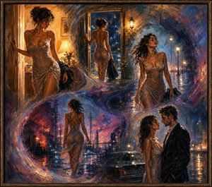 Kung Fu Hand Painting - A young woman pauses in warm doorway light, her damp, shimmering dress catching golden reflections as she prepares to step into the night. Loose curls frame her thoughtful expression while a dark coat rests in her hand. Thick painted texture, glowing shadows, and feathered edges create an intimate, dreamlike beginning.