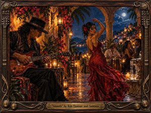 A moonlit Mediterranean courtyard glows with amber lanterns as a guitarist plays beside a graceful dancer in a flowing crimson dress. Bougainvillea, stone arches, palms, and distant hillside lights create a sensual, romantic atmosphere. Rich painterly textures, warm golds, deep blues, and intricate musical framing heighten the scenes rhythmic elegance.