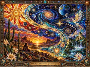 A radiant stained-glass cosmos unfolds above a desert valley, where a seated figure watches swirling galaxies, planets, waterfalls, flowers, and a glowing horizon. Jewel-toned blues, golds, reds, and turquoise shimmer with inner light. An ornate bronze guitar-inspired frame completes the spiritual, psychedelic composition with intricate celestial details.