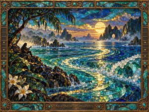 A luminous stained-glass seascape unfolds beneath a golden sunset, with turquoise waves sweeping in an S-curve toward distant volcanic cliffs. A lone guitarist sits in shadow beneath tropical foliage, creating a tranquil, reflective mood. Jewel-toned glass, glowing highlights, pearl-like foam, and an ornate bronze frame give the scene radiant depth.