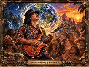 A vibrant psychedelic painting shows a passionate guitarist surrounded by joyful dancers, percussionists, and glowing musical energy. A radiant Earth, ancient ruins, waterfalls, mountains, and a golden city merge beneath dramatic blue and orange skies. Ornate bronze and wood framing enhances the warm, celebratory, spiritual atmosphere.