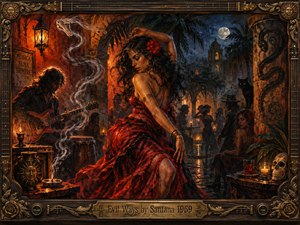 A red-dressed dancer twists through a smoky moonlit courtyard while a shadowed guitarist plays beside glowing lanterns and percussion. Deep crimson, burnt orange, indigo, and gold create a sensual, mysterious mood. Rich oil-painted textures, serpentlike smoke, tropical foliage, candles, carved symbols, and an ornate musical frame heighten the hypnotic atmosphere.