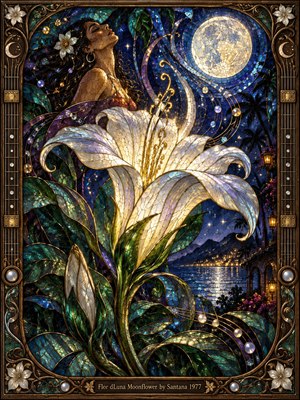 A luminous moonflower unfurls beneath a brilliant full moon in a richly detailed stained-glass mosaic. Jewel-toned indigo, teal, emerald, pearl, and gold surround a serene woman, tropical foliage, distant water, and glowing lights. Flowing musical curves, ornate bronze framing, and shimmering glass create a romantic, mystical nighttime atmosphere.