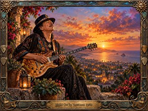 A soulful guitarist sits on a flower-lined stone terrace overlooking a glowing coastal city at sunset. Warm orange, gold, turquoise, and deep blue tones create a romantic, reflective mood. Detailed painterly textures, lantern light, ornate architecture, tropical foliage, and an elaborate musical frame give the scene timeless atmosphere.
