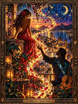 A luminous stained-glass mosaic shows two romantic figures on a moonlit terrace overlooking a glowing coastal city. A golden S-curve of light links them through drifting petals, lanterns, and reflections. Ruby, amber, cobalt, and teal glass shimmer with jewel-like warmth, framed by ornate bronze guitar-inspired details.