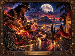 A soulful guitarist dominates a moonlit coastal night, surrounded by glowing ribbons of orange and gold that sweep toward a winding reflective road. Deep blues, crimson clouds, distant city lights, palms, mountains, and a woman in red create a romantic, mysterious atmosphere within an ornate guitar-inspired bronze and wood frame.