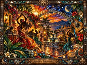 A luminous stained-glass plaza glows beneath a fiery sunset as dancers, musicians, palms, flowers, and a sparkling fountain create a festive Latin atmosphere. Rich reds, turquoise, amber, and cobalt flow through sweeping mosaic forms, while guitar-string motifs, celestial details, and an ornate bronze frame reinforce the musics rhythmic energy.