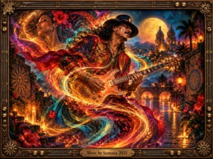A fiery guitarist commands a moonlit Latin cityscape, surrounded by swirling ribbons of orange, turquoise, and crimson energy. Warm lanterns, tropical flowers, cathedral towers, and reflective water create a vibrant, mystical atmosphere. The ornate digital painting uses dramatic golden light, rich detail, flowing motion, and a decorative bronze musical frame.