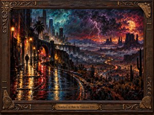 A lone figure walks along a rain-soaked city road that curves into a vast desert beneath a violent electric storm. Fiery orange, crimson, turquoise, and violet light reflects across wet pavement and distant mesas. Dramatic painterly textures, glowing streets, lightning, moonlight, and an ornate guitar-themed bronze frame create restless cinematic tension.