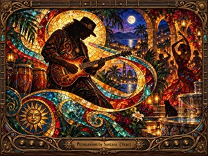 A shadowed guitarist plays within a luminous stained-glass courtyard, surrounded by sweeping mosaic ribbons, dancers, palms, arches, lanterns, and a moonlit fountain. Jewel tones of gold, turquoise, ruby, and cobalt glow against deep shadows, creating a sensual, hypnotic mood. Ornate bronze framing reinforces the richly crafted Latin-rock atmosphere.