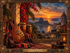 A richly detailed guitar rests beside conga drums on a patterned terrace overlooking a glowing tropical bay at sunset. Warm amber light, crimson flowers, carved wood, candles, and turquoise accents create a soulful, romantic atmosphere. The painterly composition blends Latin warmth, spiritual calm, rhythmic texture, and ornate handcrafted detail.