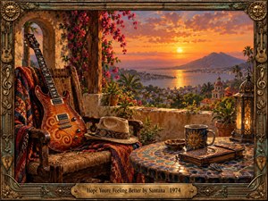 A richly painted sunset terrace overlooks a luminous coastal city and mountain bay, blending warmth, reflection, and quiet recovery. An ornate electric guitar, woven chair, flowers, lantern, mosaic table, journal, and sun-faced cup glow beneath amber light. Decorative carved framing reinforces the vintage Latin rock atmosphere.