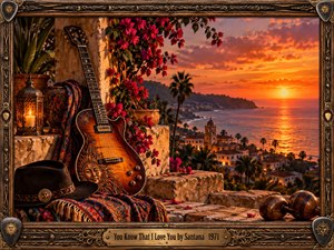 A richly detailed sunset scene overlooks a coastal village from a stone terrace, where an ornate electric guitar rests beside patterned textiles, a dark hat, lantern, flowers, and wooden percussion. Warm orange and crimson light fills the sky and sea, creating a romantic, nostalgic atmosphere framed by carved musical ornament.