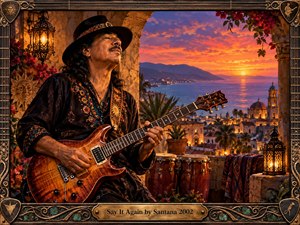 A soulful guitarist plays on a lantern-lit Mediterranean terrace overlooking a glowing coastal town and calm sea at sunset. Rich amber, crimson, turquoise, and violet tones create a romantic, reflective mood. Ornate guitar-inspired metalwork frames the painterly scene, while congas, flowers, stone arches, and warm architectural lights add rhythmic detail.