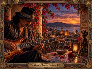A richly detailed painting shows a guitarist on a flower-draped terrace overlooking a glowing coastal city at sunset. Warm amber light, deep reds, carved ornament, mosaic details, wine, roses, and an ornate guitar create a romantic, passionate atmosphere blending Latin elegance, musical intimacy, and cinematic realism.