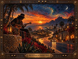 A guitarist sits above a glowing coastal city at sunset, framed by palms, flowers, and warm lantern light. A winding road leads toward the sea beneath a crescent moon and swirling painted sky. Rich oranges, blues, and golds create an adventurous, soulful mood, enclosed by an ornate instrument-inspired bronze frame.