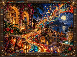 A moonlit coastal terrace glows with jewel-toned mosaic light, framed by tropical plants, stone arches, conga drums, lanterns, and a tiled fountain. Sweeping ribbons of red, gold, turquoise, and blue spiral across the scene like musical energy. Ornate stained-glass textures, reflective surfaces, and warm illumination create a vibrant, mystical Latin-rock atmosphere.
