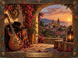 A richly detailed painted courtyard overlooks a coastal town at sunset, where an ornate electric guitar, black hat, flowers, and glowing lantern create a warm yet mysterious mood. Golden light, terracotta roofs, distant mountains, and intricate metal framing give the scene romantic depth, nostalgia, and Latin rock character.