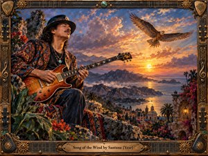 A soulful guitarist sits above a glowing coastal valley at sunset, surrounded by lush plants, stone ruins, and colorful textiles. Golden light breaks through dramatic clouds as an eagle soars overhead, creating a spiritual, windswept mood. Rich painterly detail, warm earth tones, and ornate musical framing enhance the scene.
