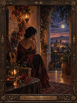 A contemplative woman sits on a moonlit Spanish-style terrace, gazing across a glowing city beneath an indigo sky. Warm lantern light, burgundy fabric, roses, climbing flowers, and a resting guitar create a tender, reflective mood. Rich oil-paint textures and an ornate bronze-trimmed frame deepen the romantic atmosphere.