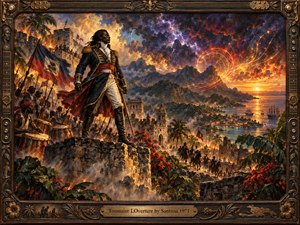 A commanding revolutionary figure stands above a tropical fortress and coastal battlefield, surrounded by marching fighters, drums, flags, smoke, and blazing skies. Fiery oranges, stormy purples, and ocean blues heighten the dramatic oil-painted atmosphere, while glowing spiral energy and an ornate bronze musical frame intensify the sense of uprising.