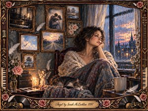 A contemplative woman curls beside a rain-streaked window at twilight, a sleeping cat resting across her lap. Vintage framed memories, roses, feathers, candles, and piano details surround the intimate room. Warm amber light contrasts with cool blue rain, creating a tender, wistful, painterly scene framed in ornate musical gold.