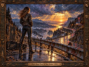 A lone woman in a leather jacket overlooks a winding, rain-soaked mountain road at sunset. Golden rays pierce turbulent blue and violet clouds above misty valleys and rugged cliffs. Rich oil textures evoke freedom, resilience, and reflection. A weathered wooden frame with bronze guitar details and an engraved title plate completes the artwork.