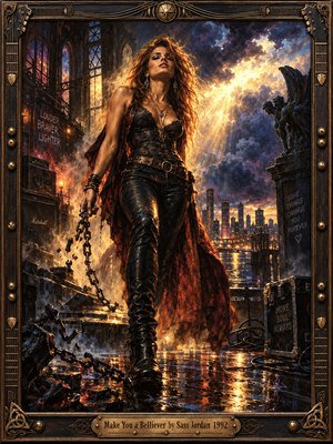 A fierce red-haired woman strides through a rain-soaked industrial cityscape, dragging broken chains beneath stormy skies. Golden sunlight pierces swirling violet clouds, illuminating her black leather outfit and flowing crimson fabric. This dramatic oil painting captures rebellious confidence, transformation, and rock energy, enclosed in an ornate guitar-inspired bronze frame.