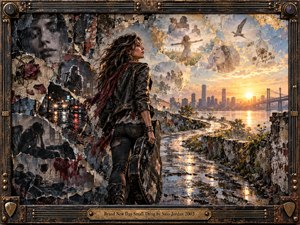 A windblown woman carrying a weathered guitar case faces a golden sunrise over a riverside city. Torn photographs, faded faces, and wilted roses haunt the shadowy foreground, while a winding wet pathway leads toward hopeful light. Rich mixed-media textures, luminous memories, and ornate bronze guitar-string framing evoke resilience, reflection, and renewal.