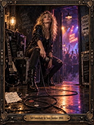 A defiant blonde rocker grips a microphone backstage, surrounded by battered equipment and an electric guitar. Beyond the doorway, a cheering crowd glows beneath violet, crimson, and amber lights. Reflective floors capture tangled cables and smoky neon haze. Cinematic 1980s photography and an ornate metallic frame complete the electrifying atmosphere.