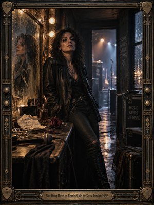 A defiant dark-haired woman in black leather leans against a backstage dressing table, surrounded by a faded rose, microphone, and weathered mirror. Warm amber bulbs contrast with cool blue rainlight and distant stage lights. Cinematic photography captures wounded resilience and quiet reflection, enclosed within an ornate guitar-inspired bronze frame.