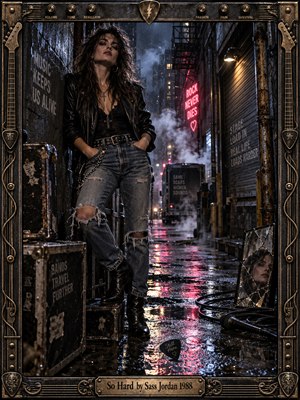 A defiant woman in a leather jacket and torn jeans stands in a rain-soaked industrial alley, surrounded by weathered music equipment. Pink neon illuminates drifting steam and reflective pavement, while a cracked mirror captures her face. Moody blue shadows, cinematic lighting, and an ornate metallic guitar-themed frame evoke gritty rock rebellion.