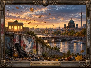 A richly detailed cinematic scene shows Berlin at sunset, with the Brandenburg Gate, cathedral, Fernsehturm, river, bridge, and glowing cityscape beyond a weathered painted wall. An electric guitar rests against the rubble, surrounded by autumn leaves. Warm gold, bronze, blue, and amber light create a hopeful, nostalgic mood, framed in ornate metalwork.