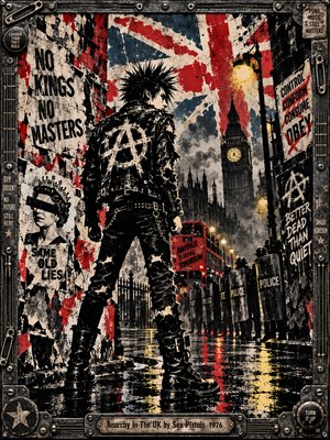 A defiant, spiky-haired punk stands on a rain-soaked London street facing riot police beneath smoky skies and a fractured Union Jack. Torn protest posters, graffiti, and glowing streetlights intensify the rebellious atmosphere. Distressed screen-print textures, stark reds, blacks, and yellows create a gritty composition enclosed in a riveted metal frame.