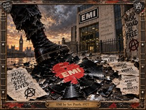 A heavy black boot crushes a shattered EMI record on a rain-soaked London street beneath turbulent sunset skies. Torn protest posters, anarchist symbols, and imposing corporate architecture evoke punk rebellion. Dramatic amber lighting, gritty photographic realism, distressed textures, and a weathered metal frame capture the defiant spirit of 1977.