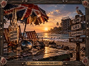 A decaying seaside resort glows beneath a fiery orange sunset, its ruined paradise contrasting with rebellious punk symbolism. A tattered Union Jack umbrella, cracked sunglasses, weathered bottle, and cynical signposts dominate the gritty foreground. Distressed photographic textures, dramatic lighting, and a riveted industrial metal frame evoke late 1970s disillusionment.