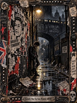 A solitary punk leans against a poster-covered brick wall in a rain-soaked London alley. Beneath a looming railway bridge, torn slogans and scattered papers evoke alienation and rebellion. Harsh amber lamplight glitters across puddles, contrasting charcoal shadows and splashes of red. Gritty collage textures and a studded metal frame complete the melancholy scene.
