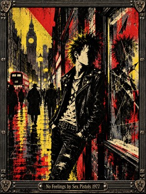 A defiant punk in a studded leather jacket leans against shattered glass on a rain-soaked London street. Bold red, yellow, and black screen-print textures evoke 1977 rebellion. Shadowy pedestrians, a double-decker bus, and Big Ben recede beneath glowing streetlights. A riveted metallic frame completes the gritty, confrontational composition.