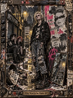 A defiant, spiky-haired punk stands in a rain-soaked London alley, surrounded by rebellious youths, torn posters, shattered mirrors, and urban decay. Gritty mixed-media collage textures blend charcoal blacks, faded reds, and electric pink beneath hazy amber streetlights. A distressed industrial frame reinforces the raw, anarchic atmosphere of youthful alienation.