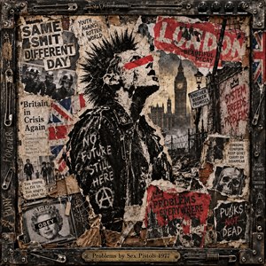 A snarling mohawked punk dominates a chaotic mixed-media collage of torn headlines, riot police, graffiti, and a smoky London skyline. Ragged paper, safety pins, and distressed metal frame the scene. Harsh shadows and dirty black, crimson, and yellowed cream tones evoke rebellion, urban decay, and late-1970s unrest.