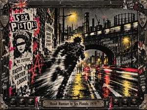 A blurred punk figure races through rain-soaked London streets beneath an industrial railway bridge. Torn posters, graffiti, and streaking traffic convey restless rebellion. Yellow streetlights illuminate crimson reflections against gritty black and gray surfaces. Distressed screen-print textures intensify the chaotic atmosphere, enclosed within a riveted metal frame and engraved title plate.