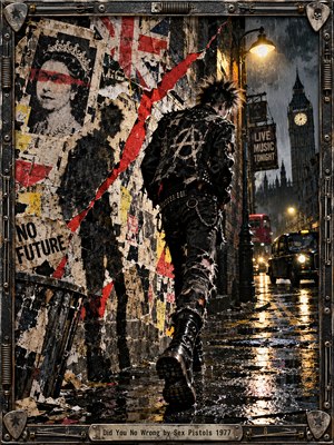 A defiant punk strides through a rain-soaked London alley beneath glowing streetlights. Torn posters, Union Jack fragments, and rebellious graffiti surround the shadowy figure. Big Ben, vintage vehicles, and shimmering reflections evoke 1977 Britain. Gritty mixed-media textures, dramatic contrasts, and a distressed metal frame amplify the raw, confrontational atmosphere.